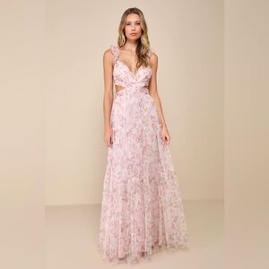 Lulu’s Ethereal Love Blush Floral Pleated Tiered Tie-Back Maxi Dress